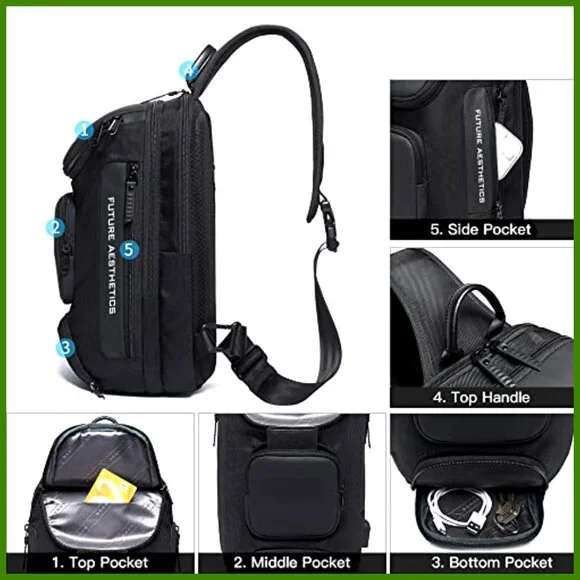 Waterproof Sling Backpack with USB Charging Port, 15L Capacity